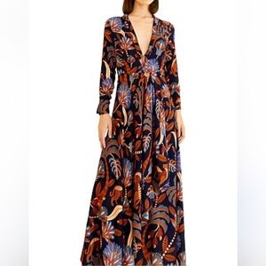 New FARM Rio Draped Printed Crepe Blue and Brown Floral Long Sleeve Dress